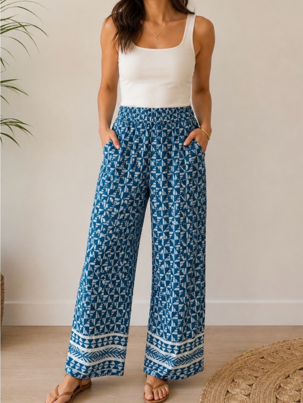 Soft Surroundings Wide Leg Elastic Waist Geometric Knit Palazzos Pants Sz M